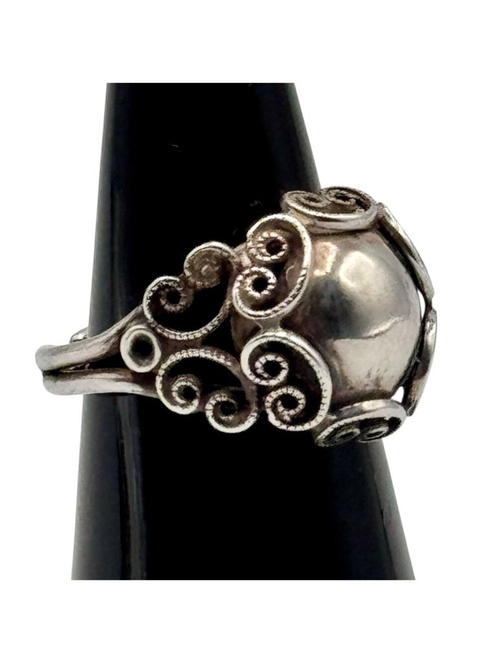 Beau Sterling Dome Ring Filigree Art Nouveau Revival Vintage 1970s Adjustable - Picture 1 of 10